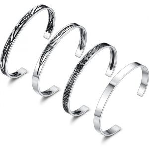 4 Pièces Bracelet Jonc pour Homme Femme Acier Inoxydable Vintage Ouvert Manchette Jonc Argent Empilable Feuille Plume Bracelet