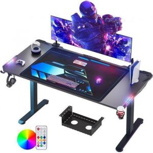 Bureau Gaming LED 180 x 70 cm Grande Bureau Gamer avec Table Gaming en Fibre de Carbone Meuble Multimedia Noir