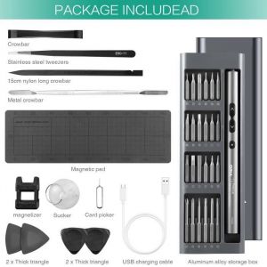 Kit Tournevis de Pr&eacute;cision Magn&eacute;tique 62 en 1 Tournevis Electrique mini Visseuse sans fil Chargement type-c USB & &Eacute;clairage LED