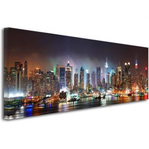 Tableau Panorama New York by Night Impression Photo Ville sur Toile d&eacute;coration Murale Paysage D&eacute;co Salon Chambre 120x50cm DIY cadre