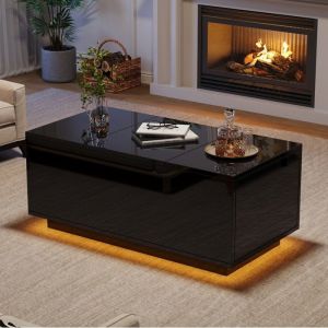 Table Basse Multifonction 95x48x40cm - Plateau Relevable & Extensible 2 Tiroirs LED R&eacute;glable En Hauteur Noire