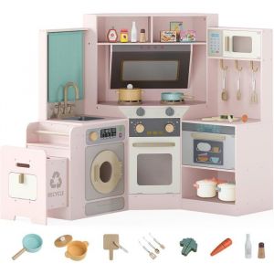 GOPLUS Cuisine Enfant en Bois Accessoires Nombreux Lumi&egrave;res & Sons pour Gar&ccedil;ons Filles 3+ Ans (Rose)