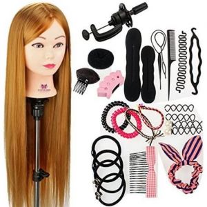Tête a coiffer professionnelle Cheveux Fibre Synthétique Tête Mannequin Maquillage avec Table Support et Ensemble de Tresse C202