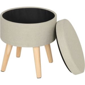 WOLTU Tabouret rond pouf coffre de rangement repose-piedssiège en lin pieds en bois massif 358 x 342 x 216 cm Crème Blanc