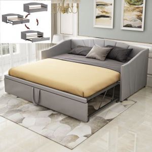 Lit gigogne 90/180x200 cm 2 places Canapé-lit extensible avec sommier à lattes tissu velours doux pour la peau gris