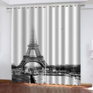 Rideau Thermique Isolant Anti Froid 3D Paysage De La Tour Eiffel En Noir Et Blanc Motif Rideaux Occultant 100x250cm [4728]