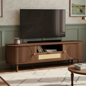 Meuble TV 175cm - Design Arrondi - Portes Demi-Lune & Tiroirs - Style Japandi Chic - Couleur Noyer