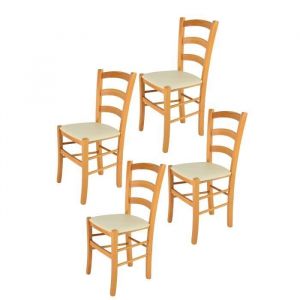 Tommychairs - Set 4 chaises cuisine VENICE structure en bois de h&ecirc;tre peindr&eacute; en miel et assise en cuir artificiel couleur ivoire