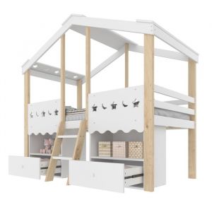Lit Enfant 90x200 cm - Lit Simple avec Cabane LED et Rangement - Mi-Hauteur Pin MDF - Blanc et Bois Clair