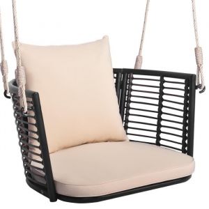 COSTWAY Fauteuil Chaise Suspendu en Rotin PE - Charge 180KG - 2 Cordes Crochets Cadre en Métal Coussins - Porche Jardin - Beige
