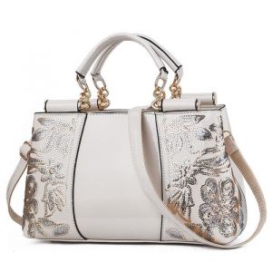 Sac a Main Femmes en Cuir PU avec Paillettes fleurs Sac Femme Sac Messenger Carré et une Bandoulière porté sur Épaule-blanc