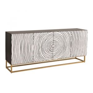 Buffet ZENWOOD 180 cm &ndash; Bois massif blanc sculpt&eacute; cercles &ndash; Pieds dor&eacute;s