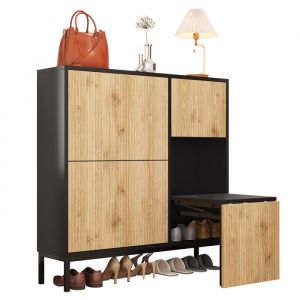 Armoire &agrave; chaussures avec banc - 100x100x25 cm - Noir+Naturel - MDF - Capacit&eacute; 12-16 paires - Banc extensible