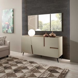 Buffet bas - GIRONA - 3 portes - Inserts effet teck - Corps gris tourterelle