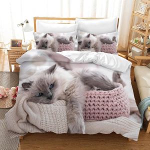 3D Housse de Couette Chat 220×240 cmLiterie pour Enfants AdulteImprimé Chat Mignon + 2 Taie doreiller 65×65cm