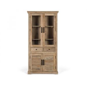 Vitrine en bois de manguier - 180x90x40 cm - Deux tiroirs - Portes vitr&eacute;es - Portes &agrave; lattes - Bois massif - Marron