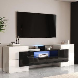 Meuble TV 200 cm &eacute;l&eacute;gant panneau bas &eacute;clairage LED meuble Meuble tele a &Eacute;l&eacute;gante surface en verre Blanc et noir brillan
