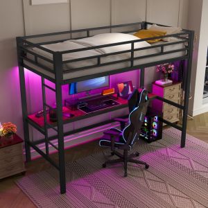 Lit Mezzanine M&eacute;tal 90x200 avec Bureau Gaming LED Prise + USB & Type-C &Eacute;chelle & Garde-Corps &ndash; Lit sur&eacute;lev&eacute; gamer Noir