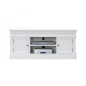 Amaretta Meuble TV largeur 137 cm hauteur 60 cm vieux blanc vintage patin&eacute;.