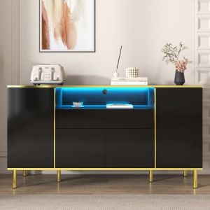 Buffet Salon Moderne avec Led Lumière Commode Noire Brillante 1 Tiroir 4 Portes 150x40x80cm