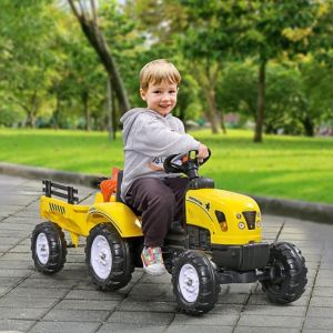 Tracteur &agrave; p&eacute;dales avec remorque outils et klaxon pour enfants &agrave; partir de 3 ans cadre en m&eacute;tal noir et jaune 133 x 42 x 51 cm