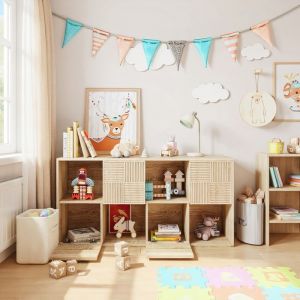 Biblioth&egrave;que 8 cases meuble de rangement module escalier bois 125x30x60 cm panneaux de particules salon chambre bureauNaturel