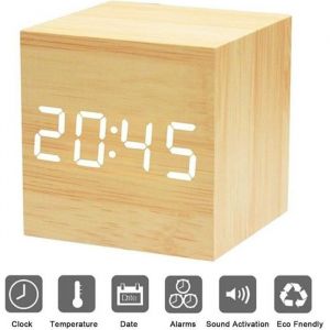 Réveil Matin Horloge Digital Cube avec Activation Vocale Réveil Numérique de Voyage LED Horloge de Bureau