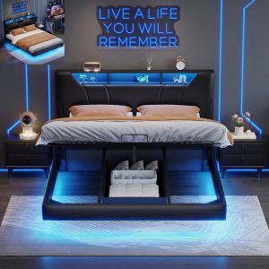 Lit Flottant 160x200cm Lit coffre avec LED USB Cadre de Lits M&eacute;tal T&ecirc;te de Lit Capitonn&eacute;e avec Rangement Tissu en Lin