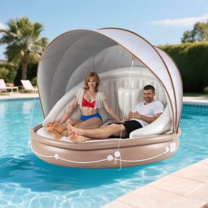 COSTWAY Matelas Gonflable À Eau Flottante avec Auvent rétractable et amovible 3 Oreillers 186 x 186 x 155 cm 180KG