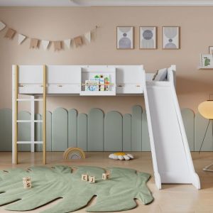 LIT MEZZANINE 90x200cm - Lits Superposés Triple Échelle Droite Pin+MDF Blanc/nature - Lit Bébé & Junior Toboggan Étagère Amovible