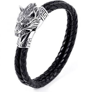 Bracelet homme en cuir entrelacé fermoir acier inoxydable tête de loup viking