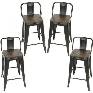 QIAN - 4 pcs Tabouret de Bar en Métal avec Assise en Bois et Dossier et Repose-Pied - Style Industriel - Hauteur Assise: 63.5 cm