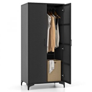 COSTWAY Rangement Exterieur de V&ecirc;tements H157cm Tringle de Suspension Armoire Penderie en Osier PE pour Chambre Patio GarageNoir