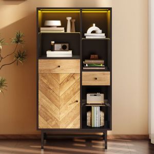 Buffet Buffet Bahut Moderne 1 Portes 2 Tiroirs 6 Etagères de Rangement Vitrine avec LED Meuble de séjour 75.5x40x150.5 Noir