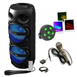 Pack Karaok&eacute; Enceinte Bluetooth 300W 2x8 LED TWS Party PLUTON - 2 micros - Projecteur &agrave; LED multicolore BOOMEGALED6X3W