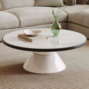 Table basse ronde design moderne plateau en verre tremp&eacute; blanc pied central &eacute;l&eacute;gant table de salon contemporaine