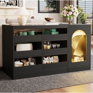 Buffet Moderne Noir avec éclairage LED 6 Tiroirs 1 Porte Meuble bas Casier Armoire de cuisine 120x40x75cm Meuble de