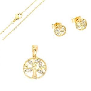 Parure Bijoux - Femme/Enfant - Arbre de Vie - Cristal - Blanc - Plaqu&eacute; Or Jaune 750/1000 - 3 Microns - 4 Pi&egrave;ces
