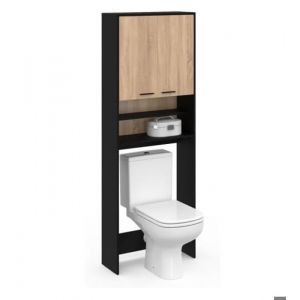 Meuble étagères de rangement dessus machine à laver et WC noir et hêtre
