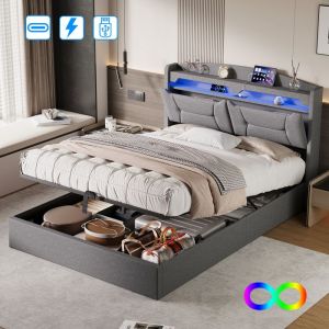 Structure de lit 140x190 cm avec LED-LUMINARIX-Lit double coffre 140x190 cm-2 prises et chargement USB- lit de rangement -lin-gris