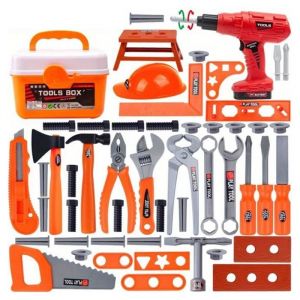 A Outils de simulation pour enfants (55 pi&egrave;ces) comprend une perceuse &eacute;lectrique un casque de chantier et des jouets de jeu de