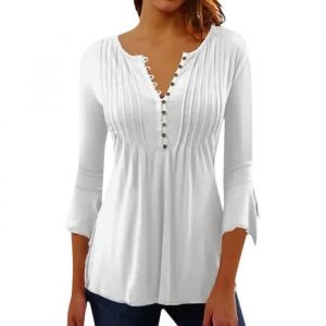 Chemisier Femme - Chic et Élégant - Manches 3/4 - Col V - Mousseline de Soie - Haut Blanc