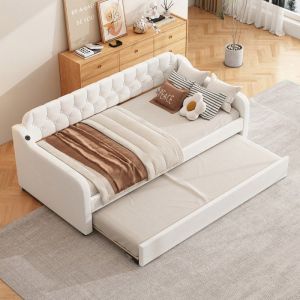 Lit gigogne adulte 90 x 200cm Canapé lit extensible Lit rembourré lin avec Port USB et Sommier à Lattes - Beige