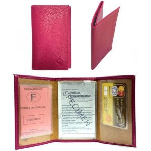 LOLUNA® Etui carte grise permis identité assurance - Porte papier voiture cuir grainé souple - 3 volets compact - Fuchsia