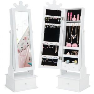 COSTWAY Armoire à Bijoux 2 en 1 avec Miroir pour Enfant 34x30x103-113 cm avec 3 Tiroirs 2 Angles dInclinaison(90°-94°) Blanc