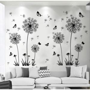 XL Stickers muraux FLEURS DE PISSENLIT noir papillon plantes branche arbre autocollant sticker mural pour salon chambre cuisine