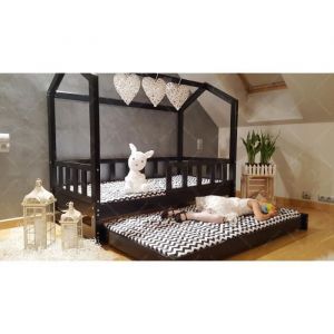 Lit Cabane pour enfants avec barrières et tiroir - Couleur Noir - 160x70cm - En bois