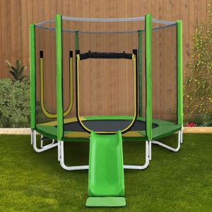Trampoline 213 cm pour enfants avec toboggan filet de sécurité coussin à ressorts fermeture éclair et échelle cadre en acier