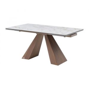 Table &agrave; manger extensible 6 &agrave; 10 personnes en c&eacute;ramique verre tremp&eacute; et placage noyer - Effet marbre blanc - LOZIPA de Maison C&eacute;phy