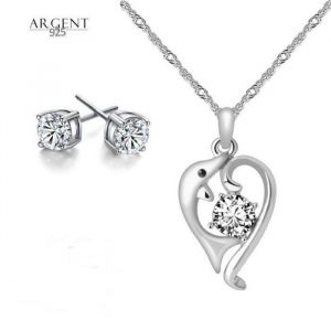 Parure Bijoux - Femme - Dauphin - Cristal - Blanc - Argent 925/1000 - 4 Pièces